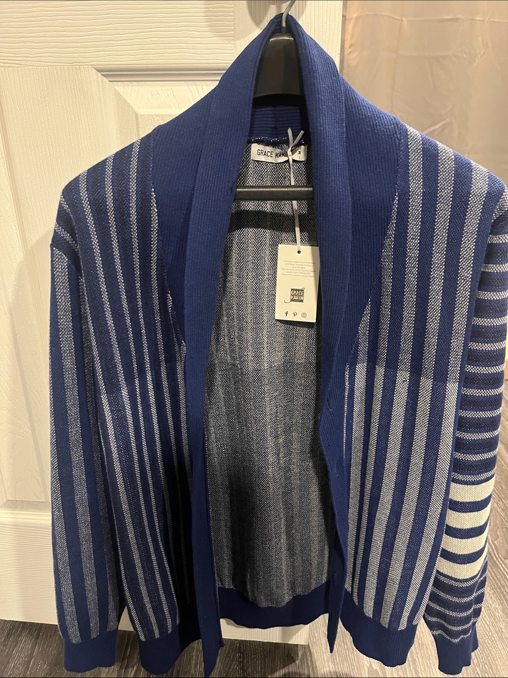 Grace Karin Royal Blue & Silver Striped Open Front Cardigan